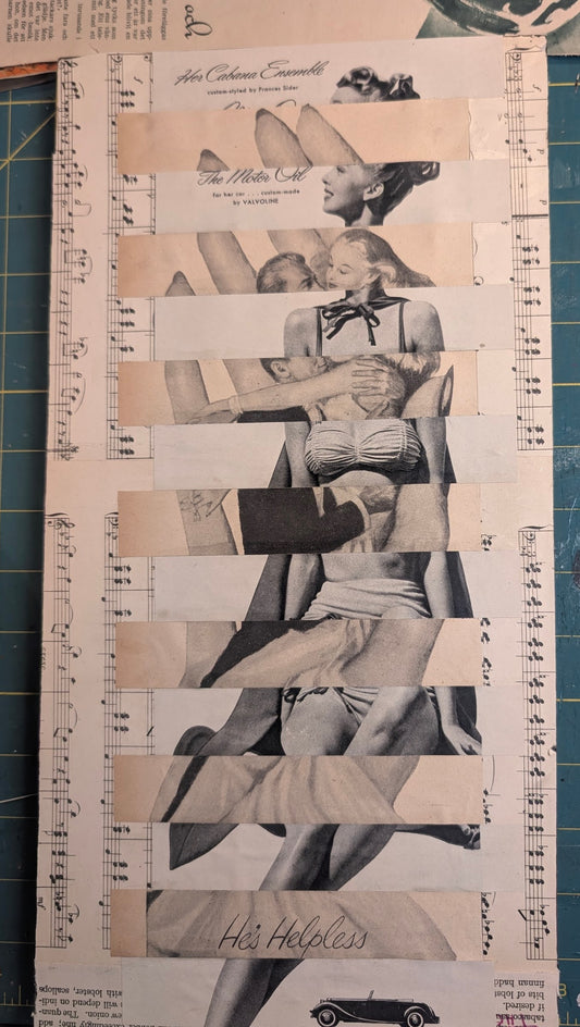 He's Helpless: Vintage Fashion & Music Sheet Collage